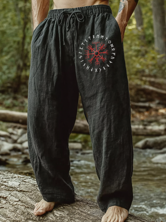 Men's Viking Raven Tribal Rune Totem Retro Nordic Casual Linen Pants