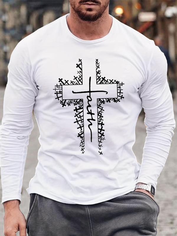 Cross Faith Print Christian Cotton Long Sleeve T-Shirt