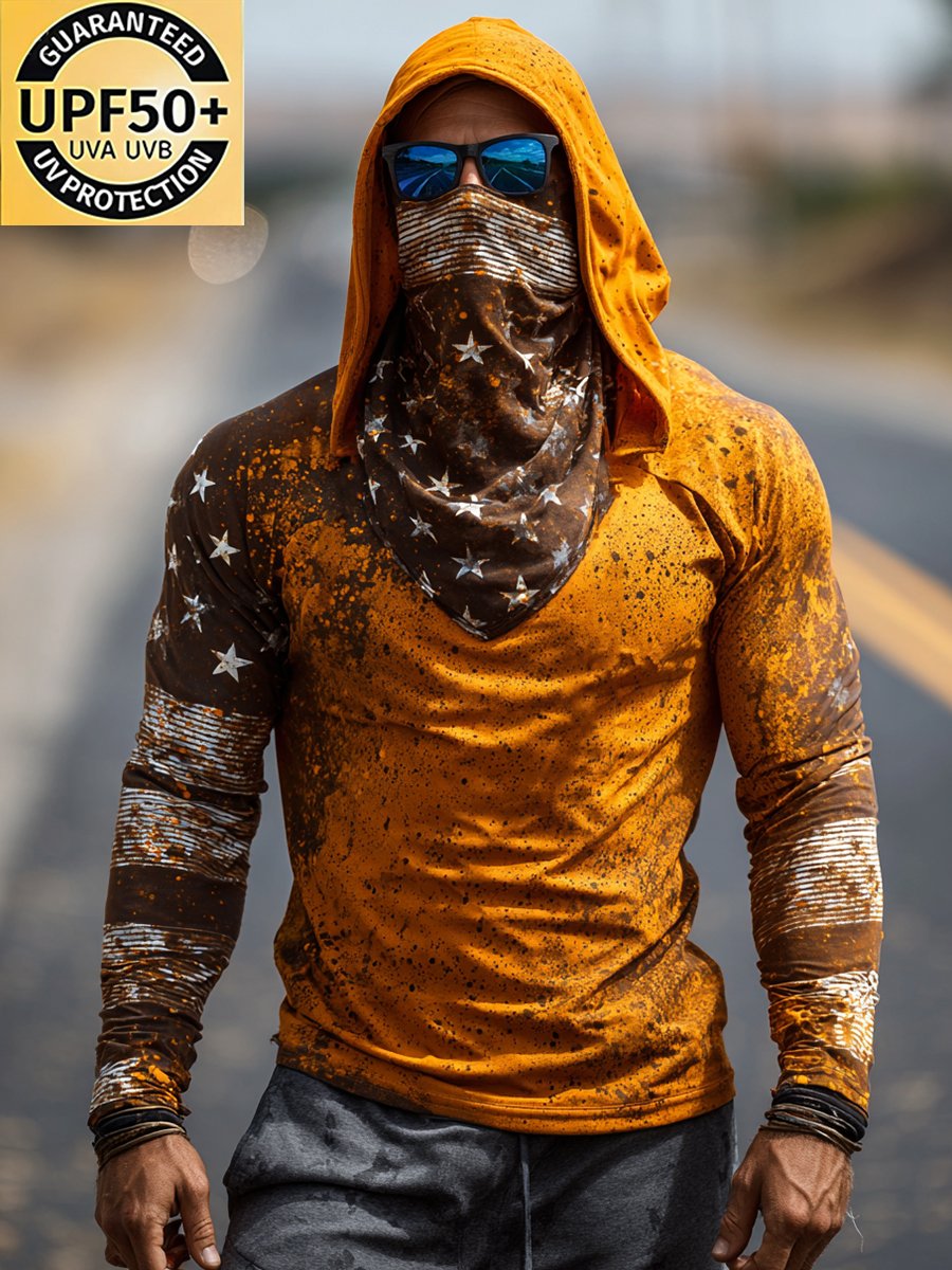 Men's Retro Print Outdoor Sun Protection Breathable Cool Mask Hooded Sun Protection Long Sleeve Top