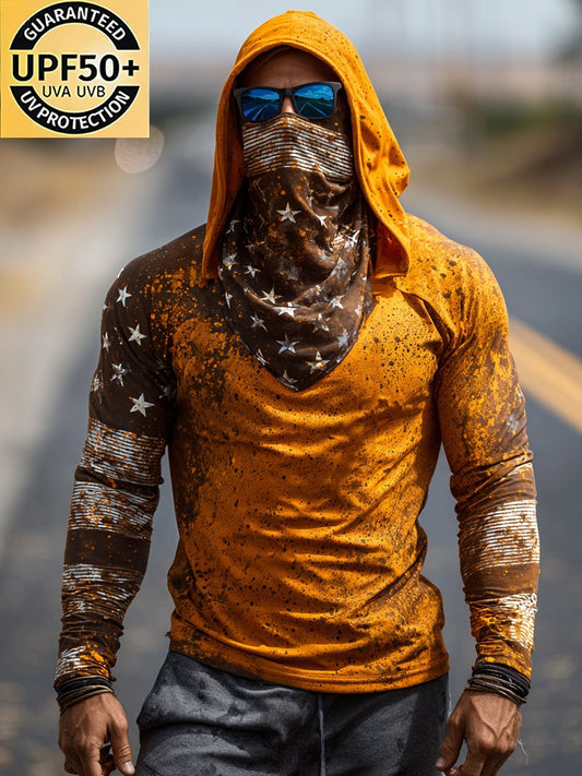 Men's Retro Print Outdoor Sun Protection Breathable Cool Mask Hooded Sun Protection Long Sleeve Top