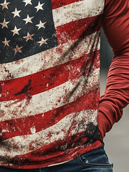 Men's Outdoor Sun Protection Breathable Cool Mask American Flag Print Hooded Sun Protection Long Sleeve Top