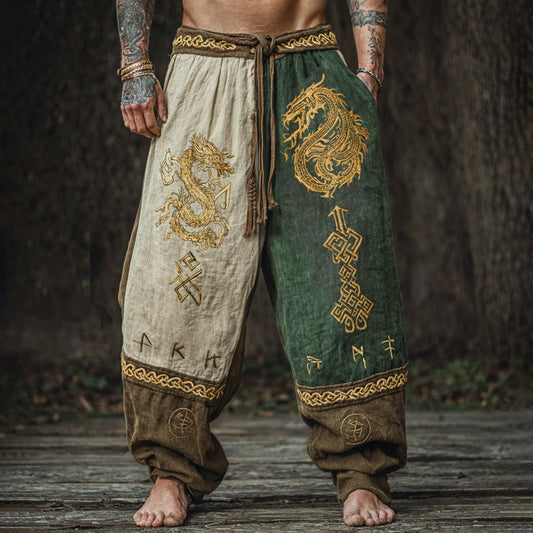 Cotton-linen sweatpants with three-color patchwork design and Viking dragon totem