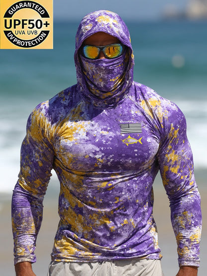 Men's Outdoor Sun Protection Breathable Cool Face Mask Hooded Printed Long-Sleeved Top