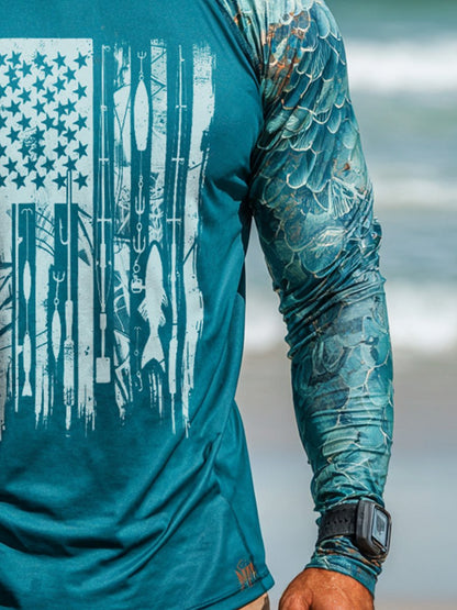 Men's Outdoor Sun Protection Breathable Cool Face Mask Hooded Printed Long-Sleeved Top