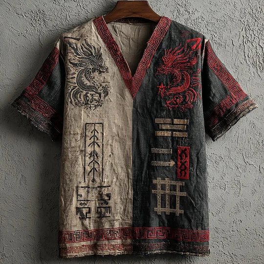Men's V-Neck Color Block Dragon Print Short Sleeve T-Shirt - Ethnic Vintage Style