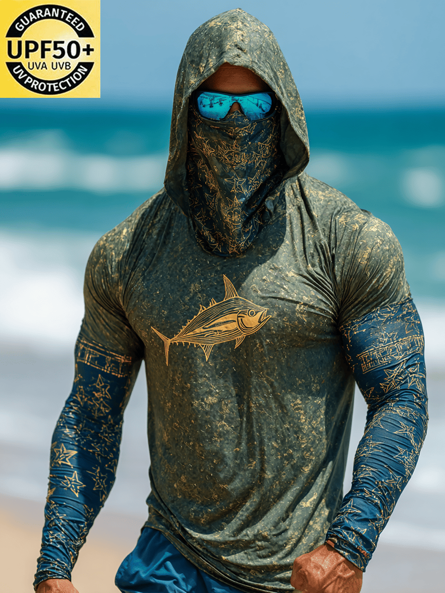 Men's Outdoor Sun Protection Breathable Cool Face Mask Hooded Printed Long-Sleeved Top