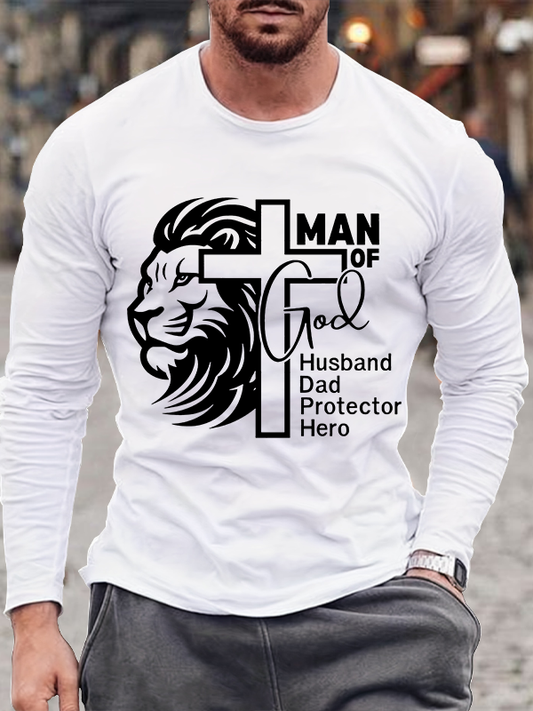 Man Of God Husband Dad Protector Hero Christian Cotton Long Sleeve T-Shirt