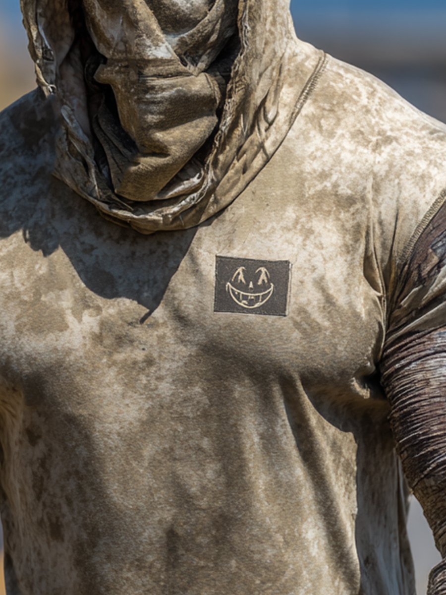 Men's Retro Khaki Logo Outdoor Sun Protection Breathable Cooling Mask Hooded Sun Protection Long Sleeve Top