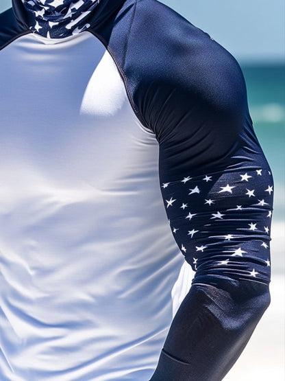 Men's Outdoor Sun Protection Breathable Cool Mask American Flag Print Hooded Sun Protection Long Sleeve Top