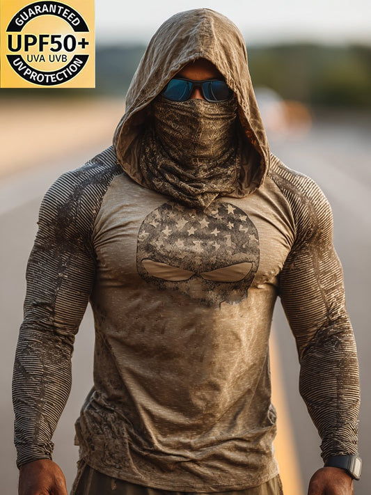 Men's Retro Skull Outdoor Sun Protection Breathable Cooling Mask Hooded Sun Protection Long Sleeve Top