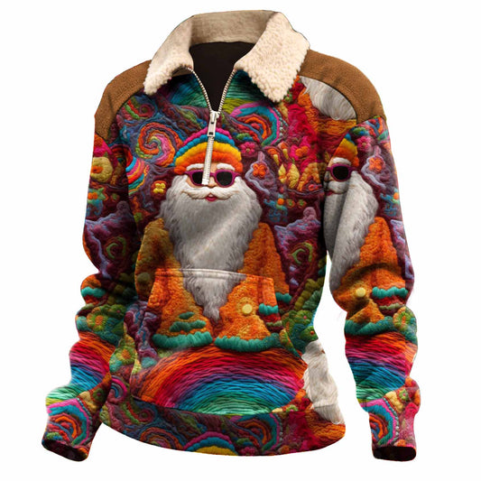 Women's Vintage Santa Groovy Hippie Print Pocket Quarter-Zip Fleece Lapel Ugly Christmas Sweatshirt