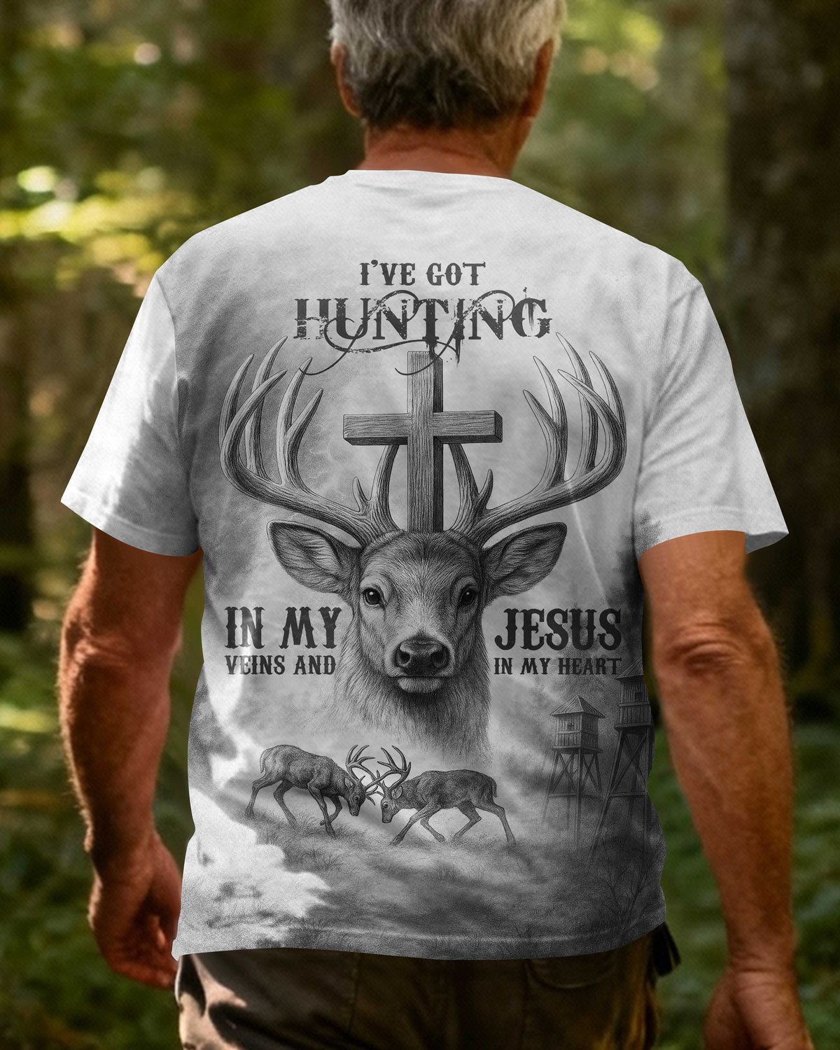 I've Got Hunting In My Veins And Jesus In My Heart All Over Print Grey T-Shirt