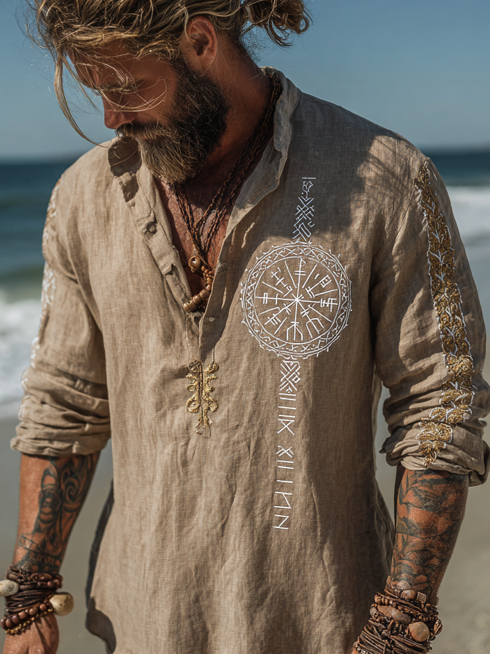 Men's Viking-Inspired Compass Knot Long Sleeve Linen Henley Shirt
