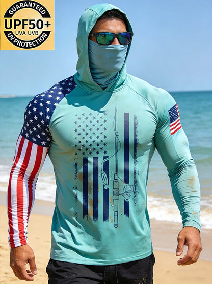 Men's Outdoor Sun Protection Breathable Cool Face Mask Hooded Printed Long-Sleeved Top