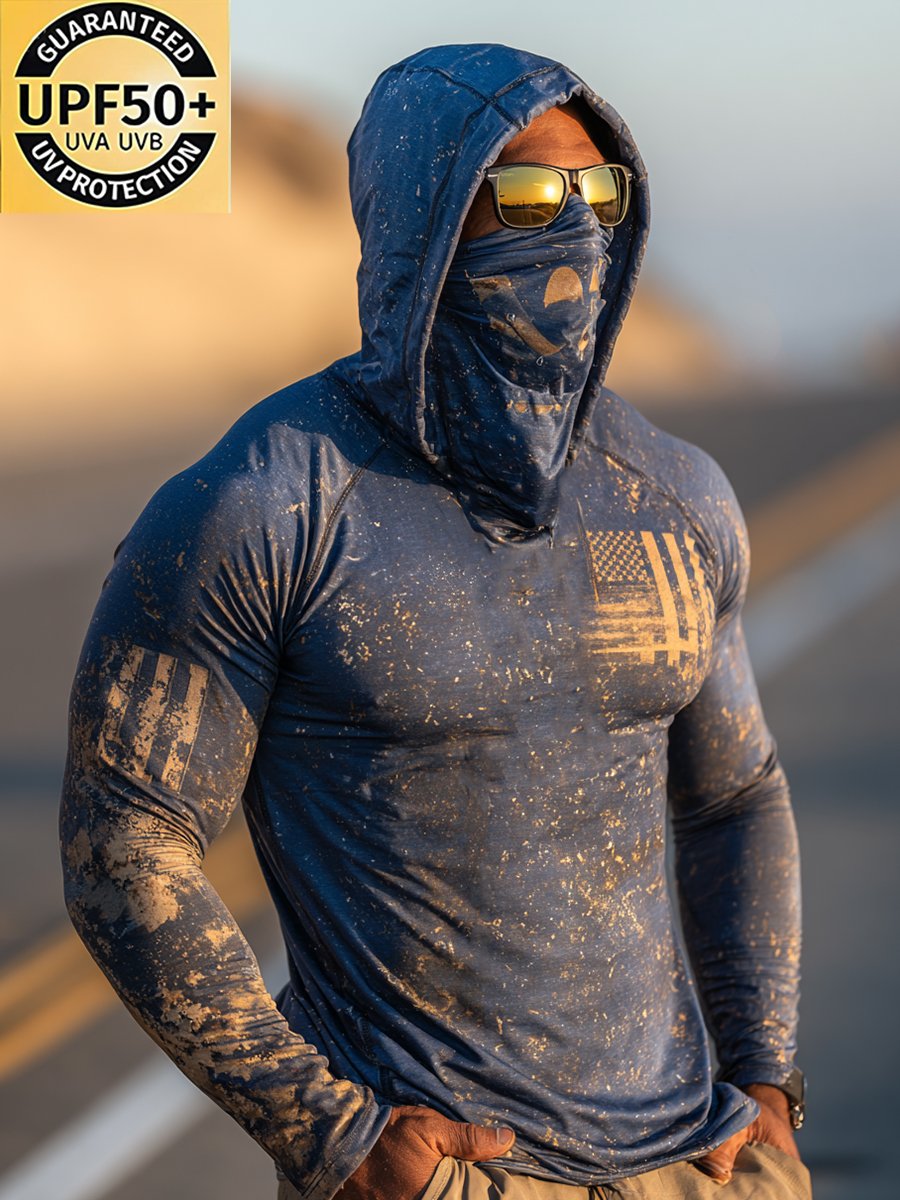 Men's Retro Flag Logo Outdoor Sun Protection Breathable Cooling Mask Hooded Sun Protection Long Sleeve Top