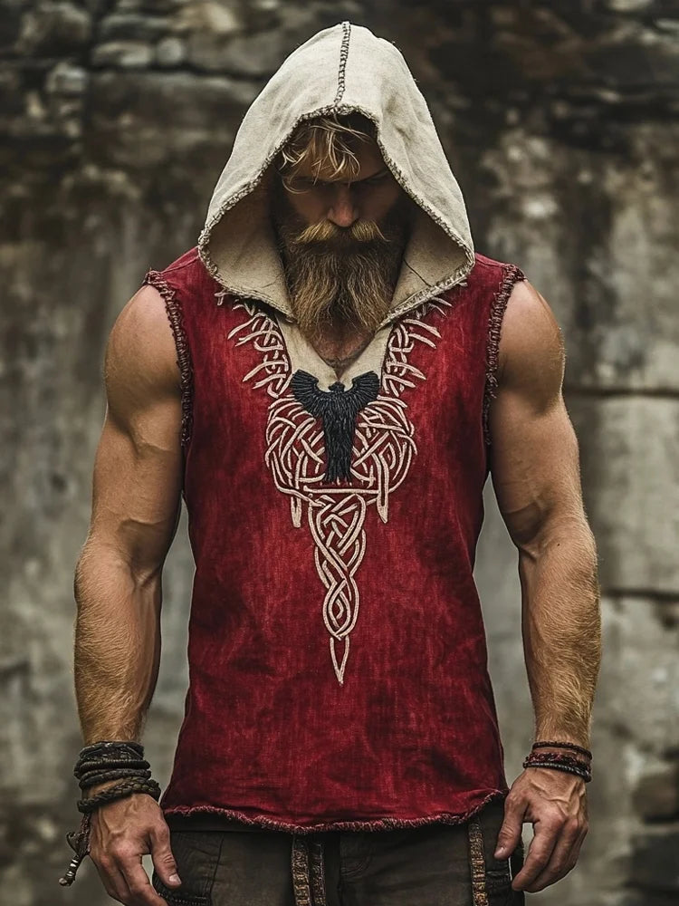 Men's Viking Knot Tribal Print Raven Art Pattern Linen Sleeveless Hoodie