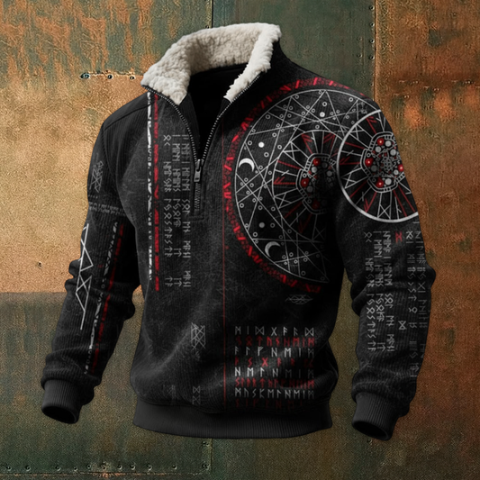 Nordic Viking Style Retro Vegvísir Rune Fleece Collar Casual Long-Sleeve Sweatshirt