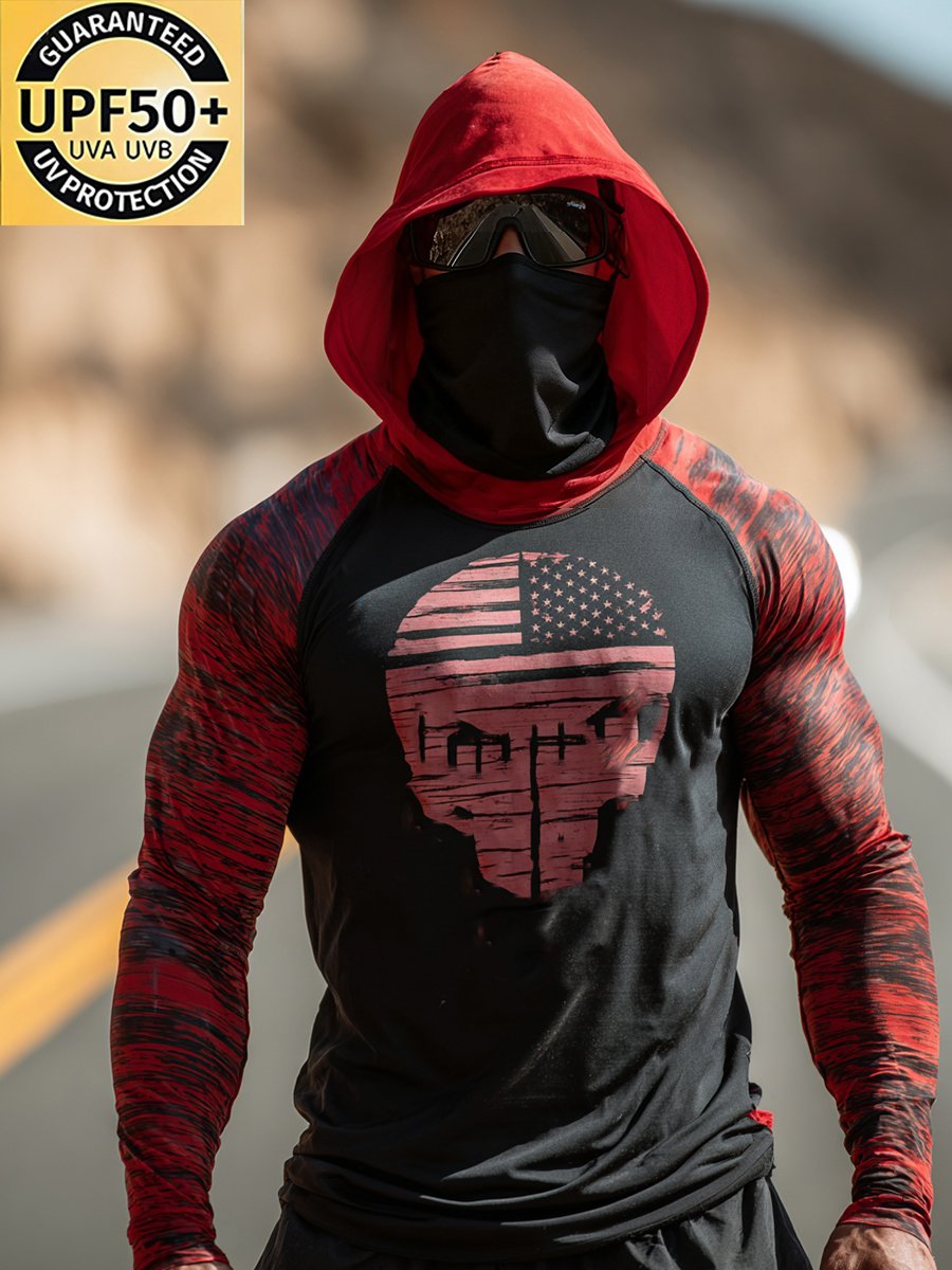 Men's Retro Skull Outdoor Sun Protection Breathable Cooling Mask Hooded Sun Protection Long Sleeve Top
