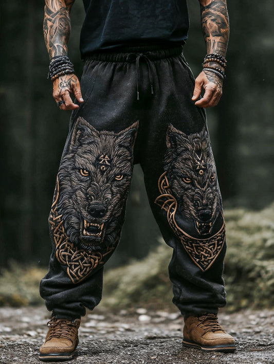 Viking Twin Wolf Totem Celtic Knot Print Linen Pants