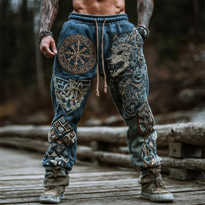 Viking Fenrir Wolf & Aegishjalmur Print Men's Casual Pants