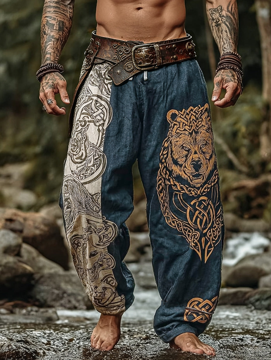 Nordic Vintage Celtic Knot Personalized Style Illustrated Forest Bear Cotton-Linen Pants