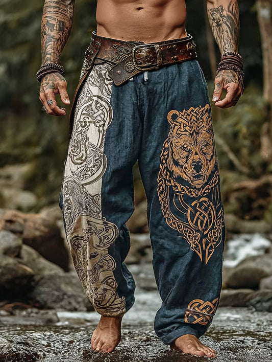 Nordic Vintage Celtic Knot Personalized Style Illustrated Forest Bear Cotton-Linen Pants