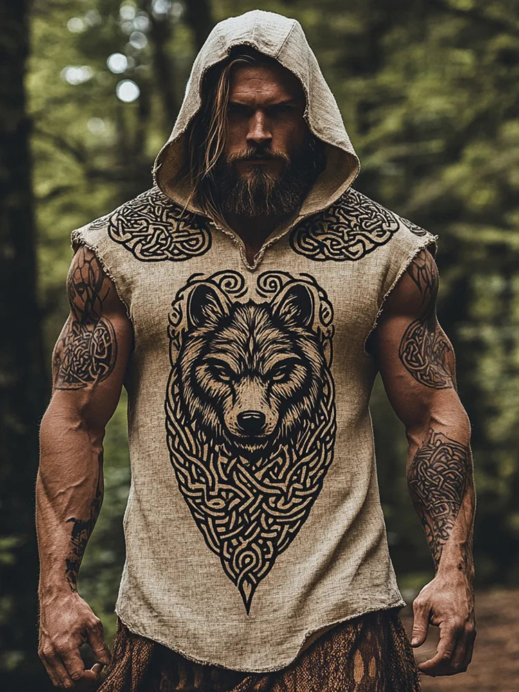 Men's Print Celtic Knot Inspired Wolf Art Pattern Tank Top Hoodie