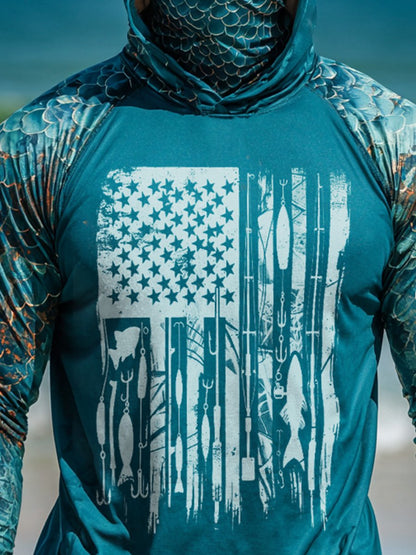 Men's Outdoor Sun Protection Breathable Cool Face Mask Hooded Printed Long-Sleeved Top