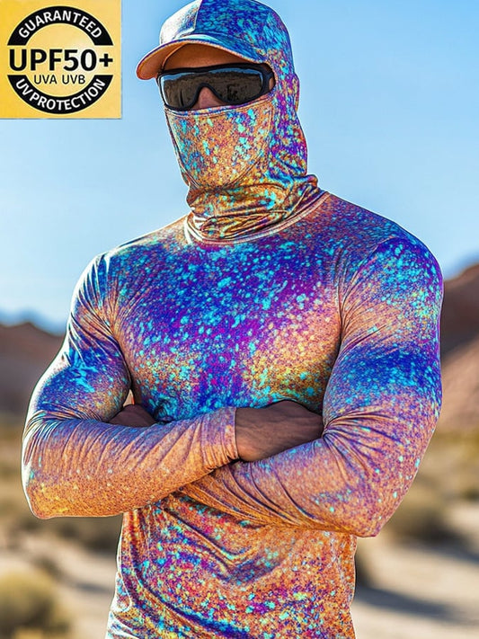 Men's Outdoor Sun Protection Breathable Cool Colorful Mask Hooded Sun Protection Long-Sleeved Top