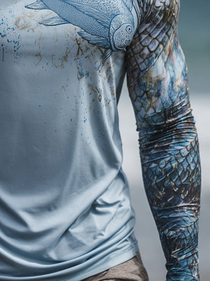 Men's Outdoor Sun Protection Breathable Cool Face Mask Hooded Printed Long-Sleeved Top