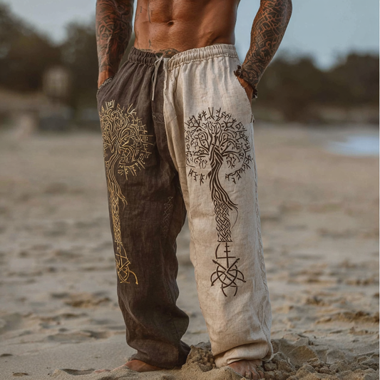 Men's Vintage Two-Tone Viking Tree Of Life Inspired Bohemian Summer Casual Pants