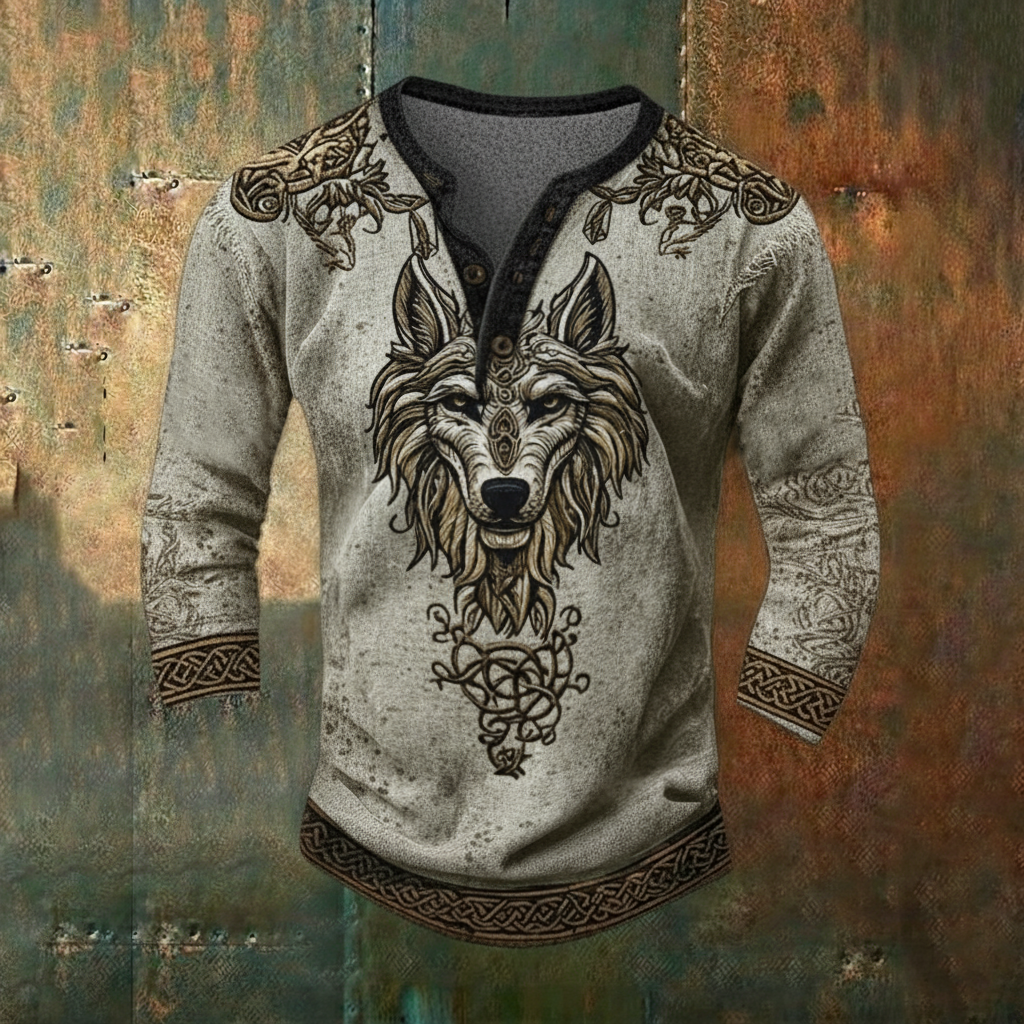 Viking Vegvísir Nordic Wolf Celtic Knot Casual Long-Sleeve Henley Shirt