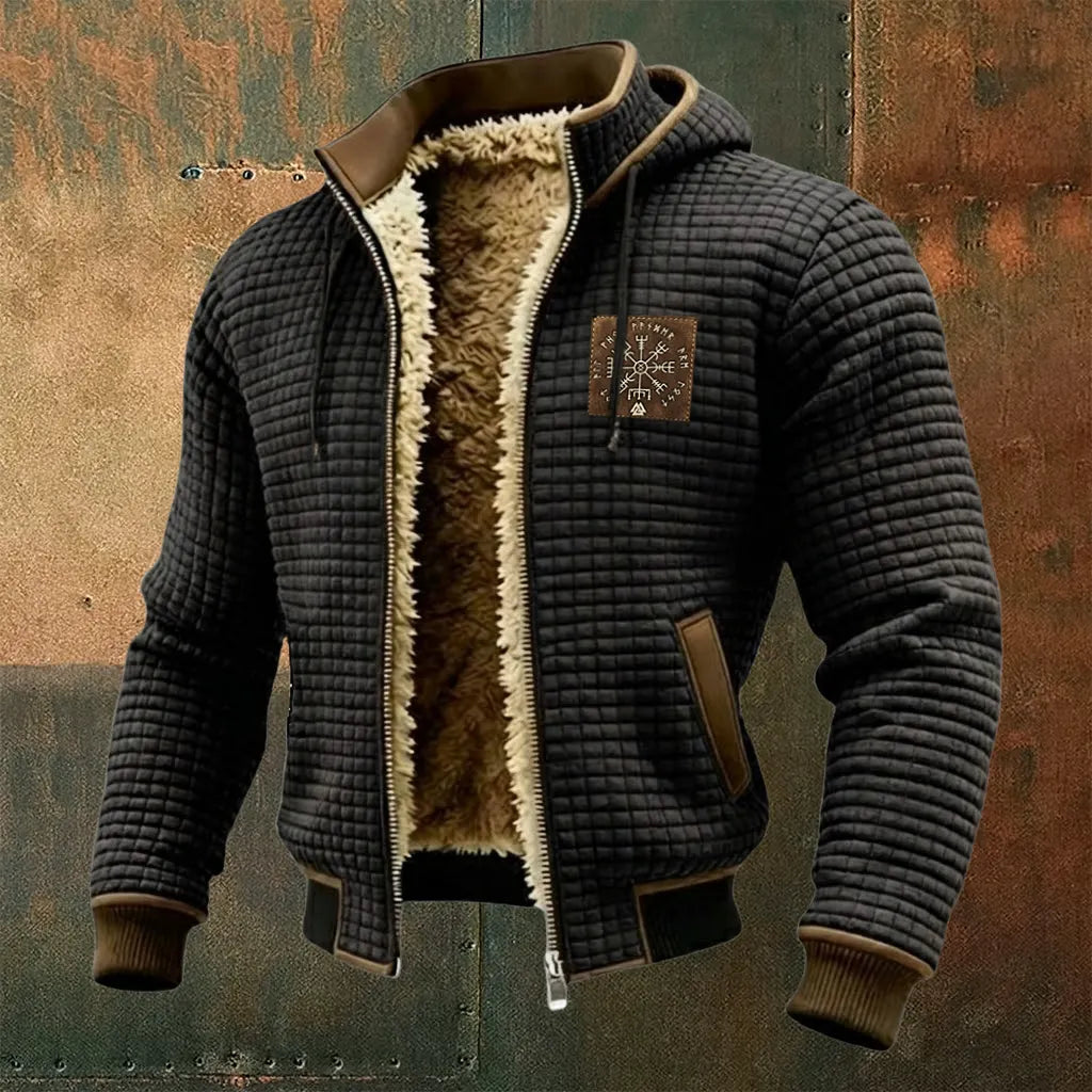 Men's Thermal Grid Jacket Fleece Shearling & Structured Waffle Zip-Up Hoodie