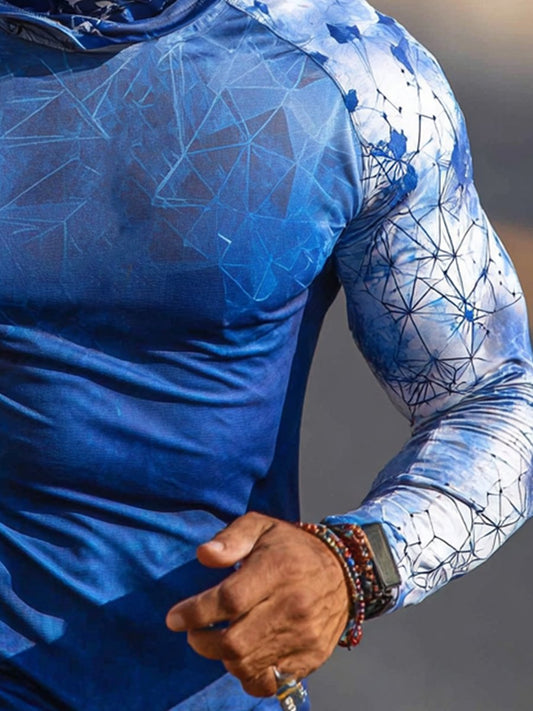 Men's Outdoor Sun Protection Breathable Cool Face Mask Hooded Printed Long-Sleeved Top