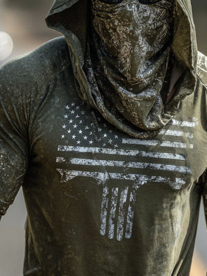 Men's Retro Flag Outdoor Sun Protection Breathable Cooling Mask Hooded Sun Protection Long Sleeve Top