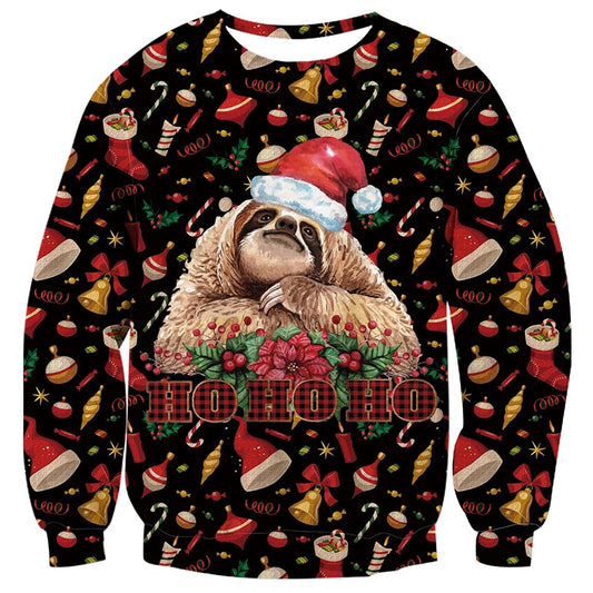 Unisex Sloth Print Crew Neck Ugly Christmas Sweatshirt