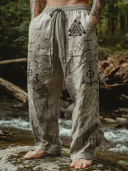 Men's Viking Raven Tribal Totem Vintage Nordic Casual Linen Pants