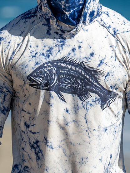 Men's Outdoor Sun Protection Breathable Cool Face Mask Hooded Printed Long-Sleeved Top