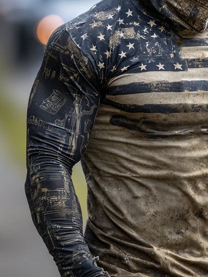 Men's Retro Flag Print Outdoor Sun Protection Breathable Cooling Mask Hooded Sun Protection Long Sleeve Top