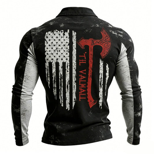 Vintage-washed printed Viking battle axe with American spirit half-zip pocket sweatshirt