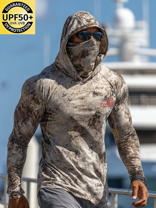 Men's Outdoor Sun Protection Breathable Cool Face Mask Hooded Printed Long-Sleeved Top