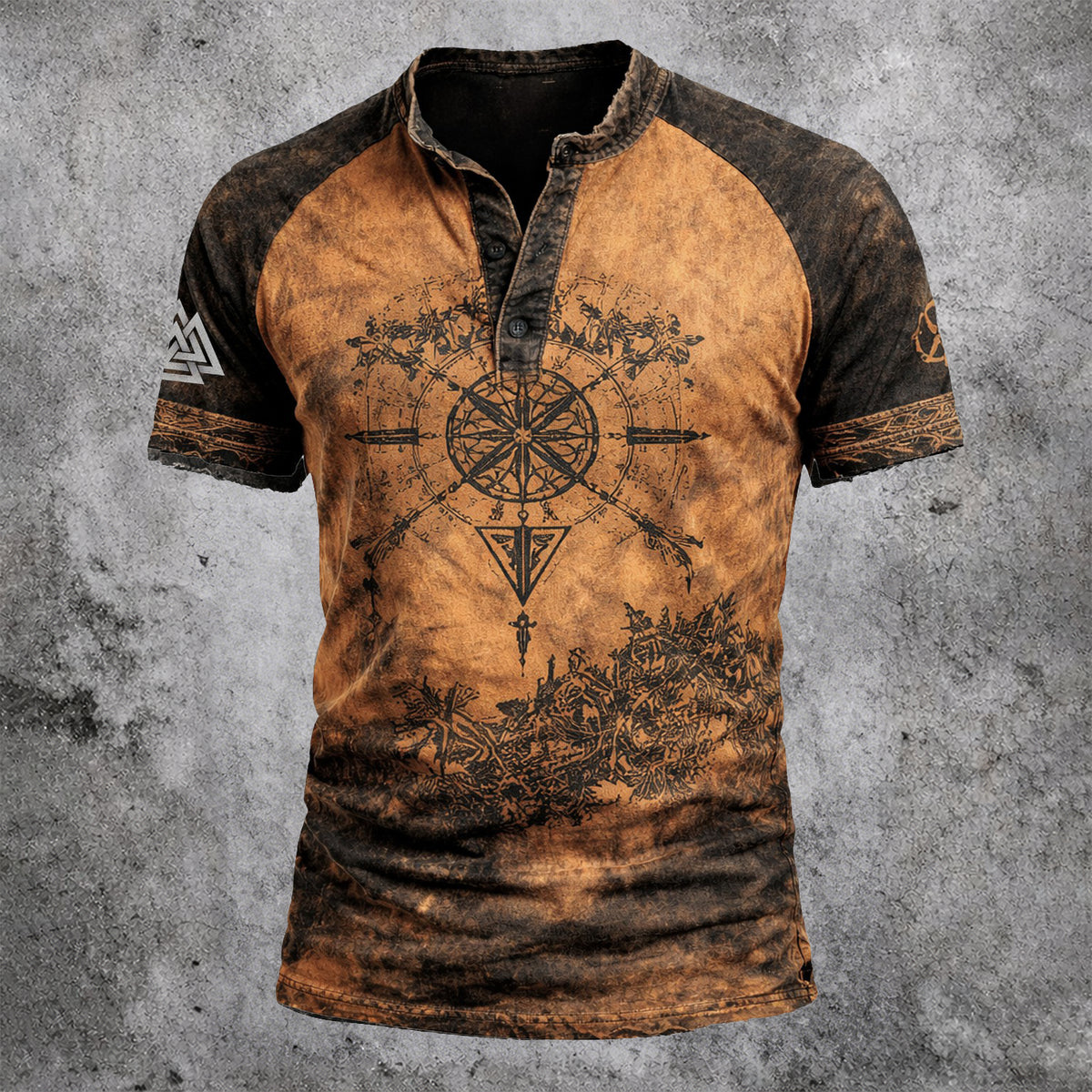 Men's Vintage Norse Print Henley T-Shirt - Distressed Rust Short Sleeve Casual Top