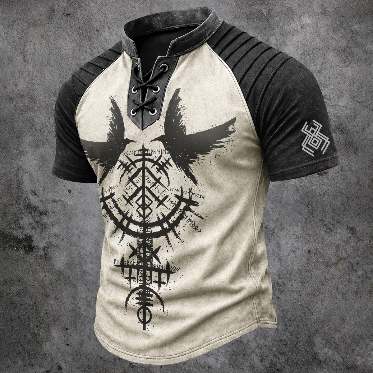 Men's Vintage Viking Norse Graphic Henley T-Shirt - Laced V-Neck Short Sleeve Top