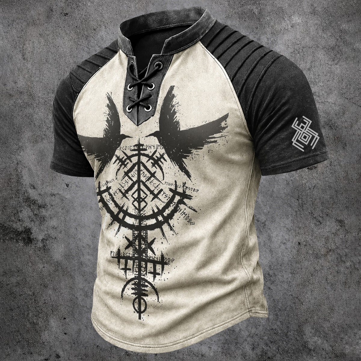 Men's Vintage Viking Norse Graphic Henley T-Shirt - Laced V-Neck Short Sleeve Top