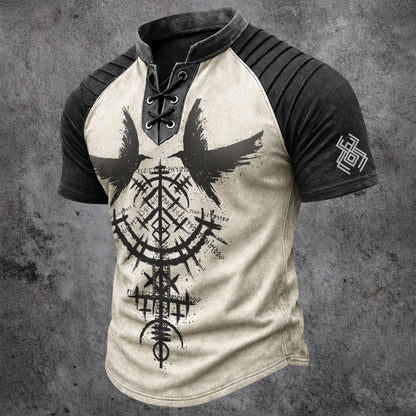 Men's Vintage Viking Norse Graphic Henley T-Shirt - Laced V-Neck Short Sleeve Top