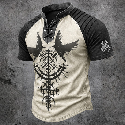 Men's Vintage Viking Norse Graphic Henley T-Shirt - Laced V-Neck Short Sleeve Top
