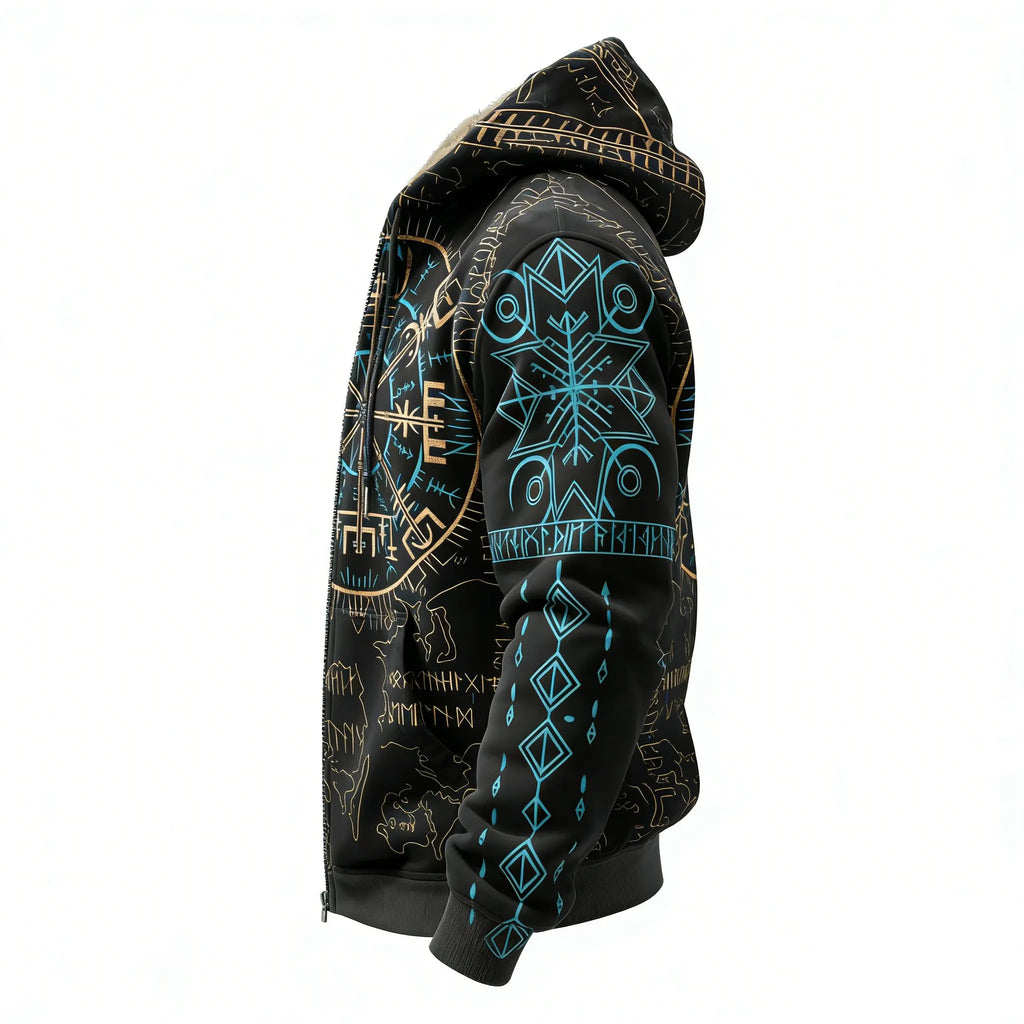Nordic Viking Style Rune Casual Long-Sleeve Warm Fleece Hoodie