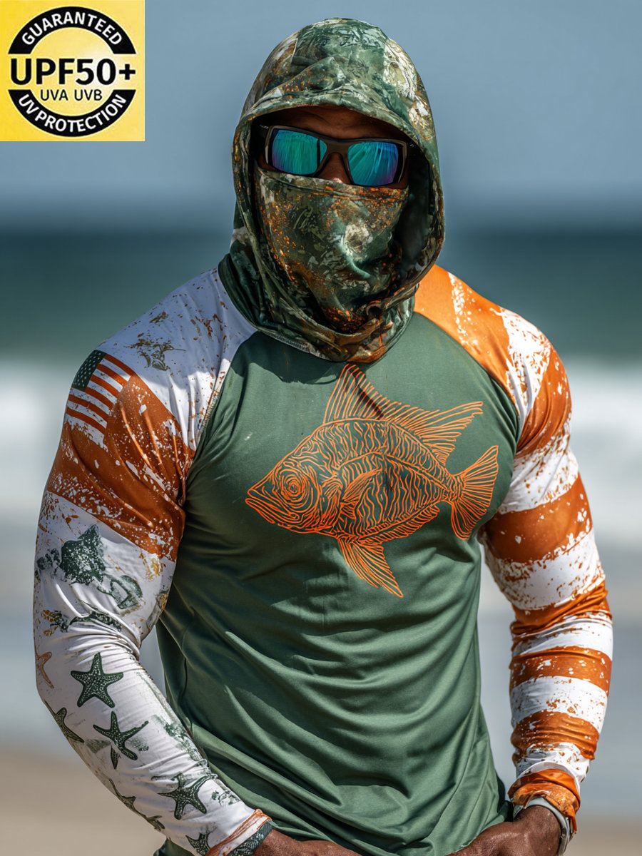 Men's Outdoor Sun Protection Breathable Cool Face Mask Hooded Printed Long-Sleeved Top
