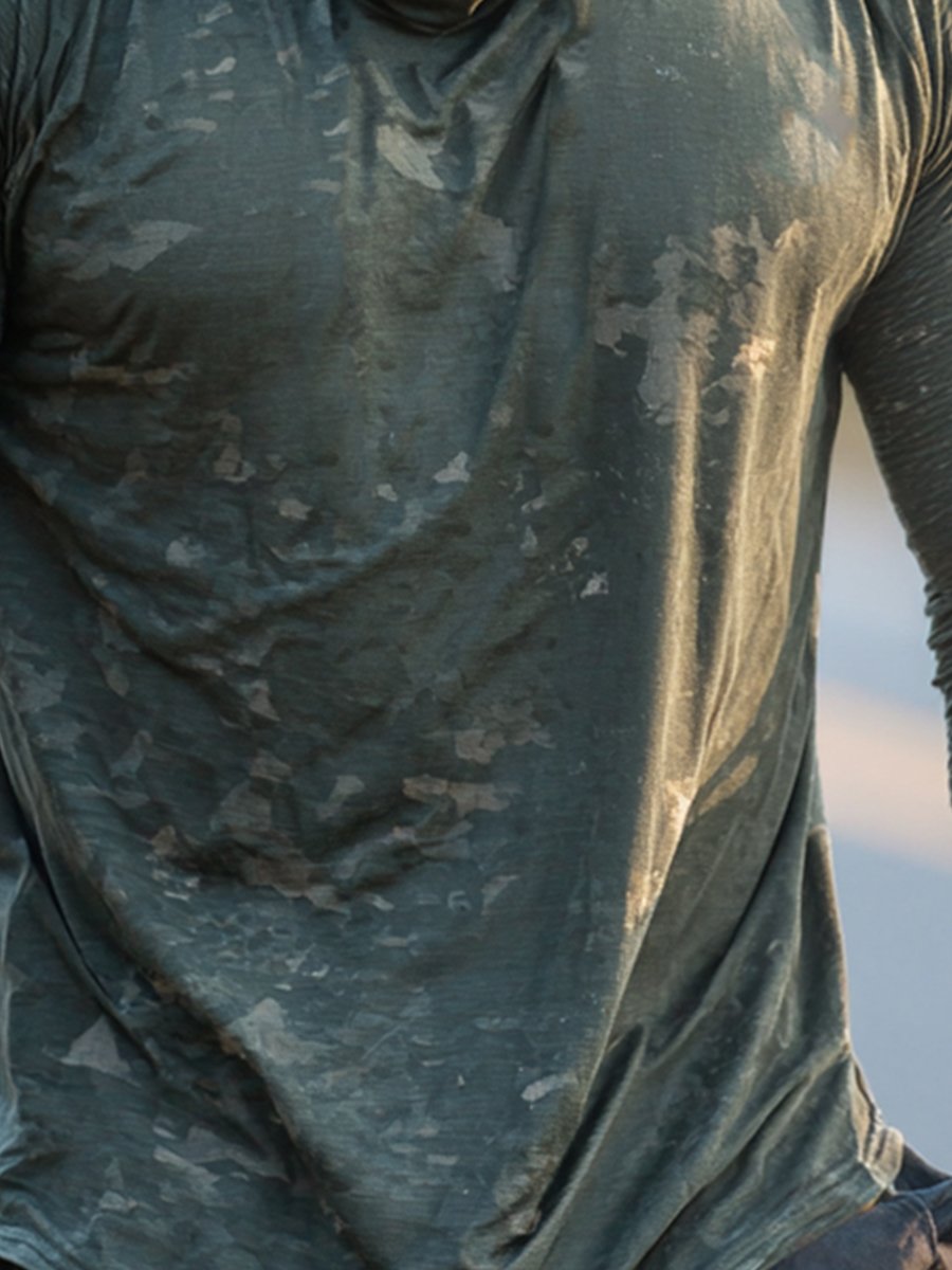 Men's Retro Army Green Flag Print Outdoor Sun Protection Breathable Cooling Mask Hooded Sun Protection Long Sleeve Top