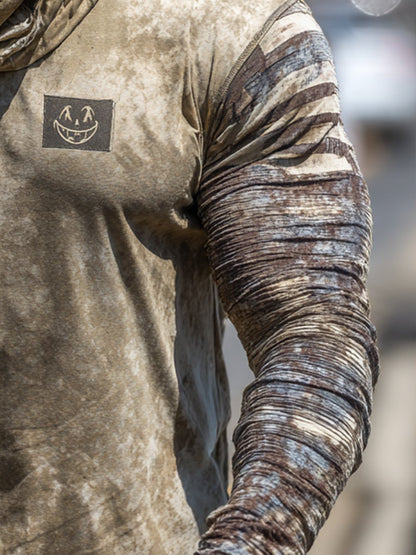 Men's Retro Khaki Logo Outdoor Sun Protection Breathable Cooling Mask Hooded Sun Protection Long Sleeve Top